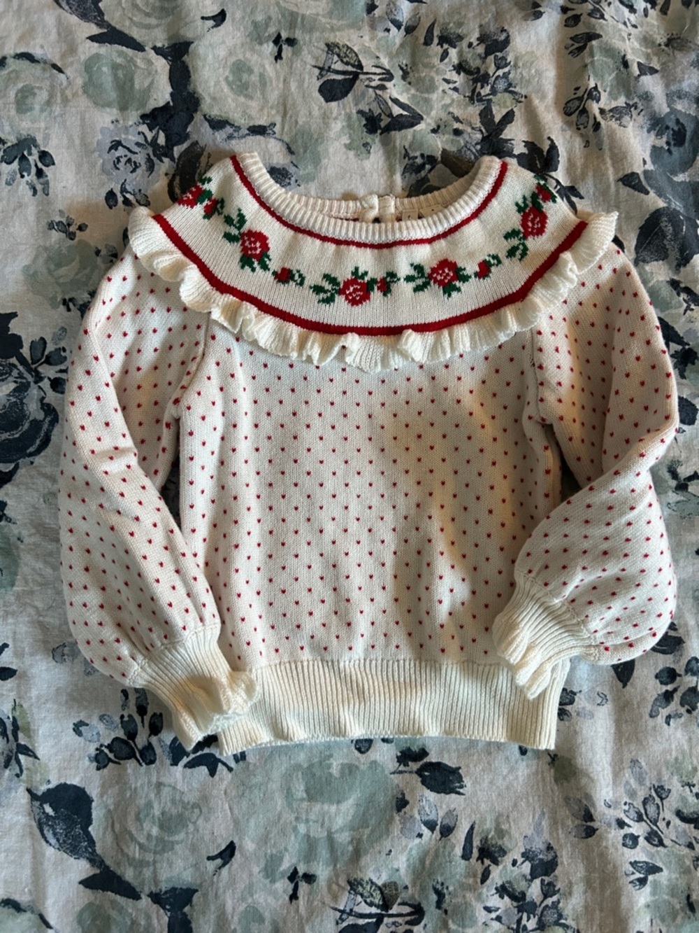Janie and Jack Cream Sweater with Red Rose Yoke and ruffles sleeves - Sz 4
